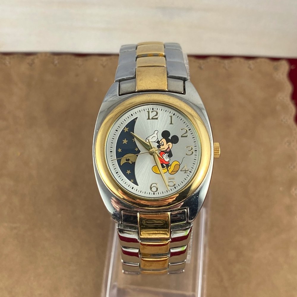 Vintage  Mickey Mouse Rare Moon Phase 2 Tone Watch - Picture 2 of 6